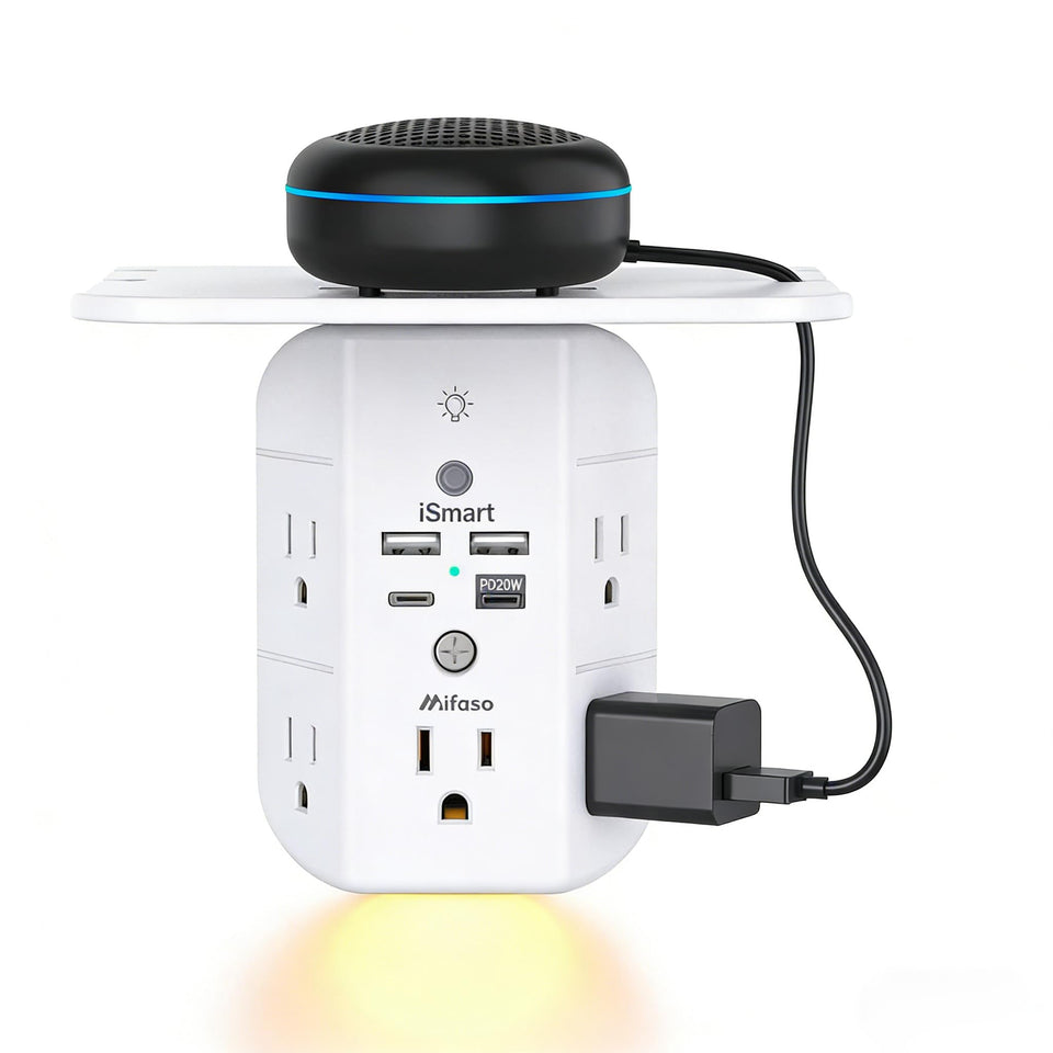 Mifaso PD20W wall outlet extender with shelf neatly charges devices off the desk.