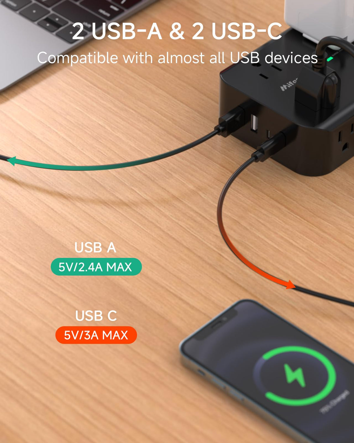 Mifaso power strip with 8 outlets and 4 USB ports for multiple devices.