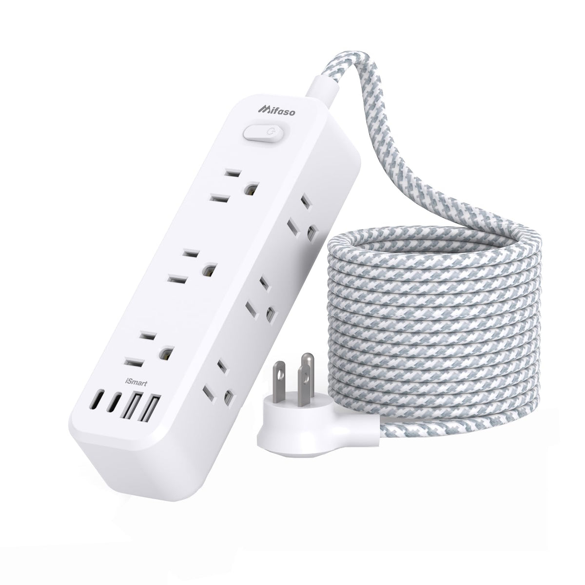 Mifaso power strip with nine outlets and four USB ports for versatile charging.