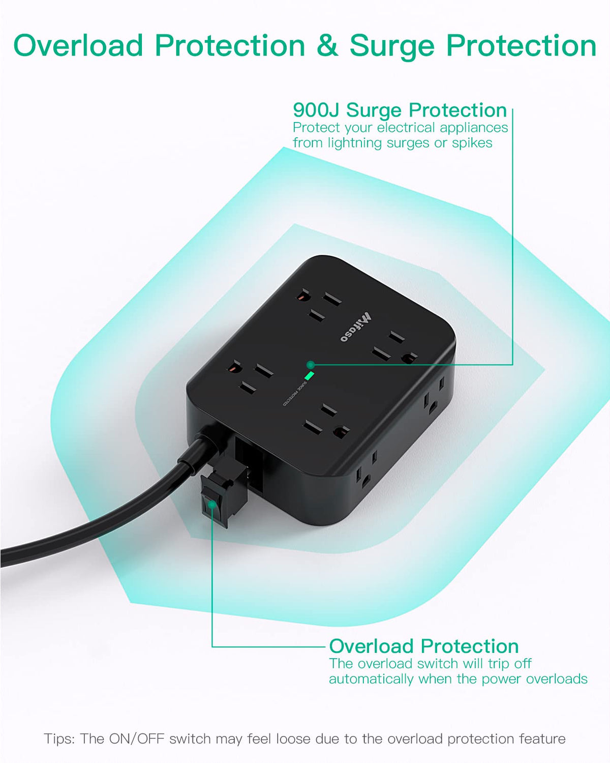 Mifaso power strip overload protection with built-in circuit breaker.
