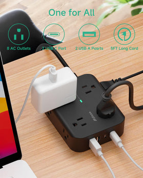 Mifaso power strip three-side design with extra spacing fits large adapters.