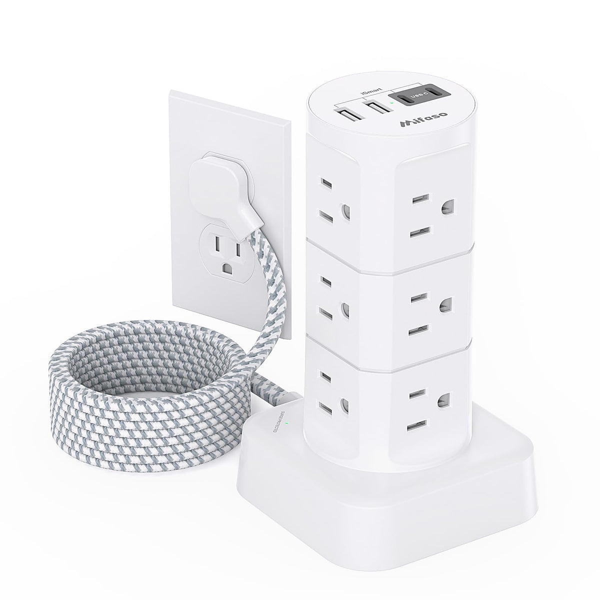 Mifaso power strip tower with 12 outlets for multi-device charging.