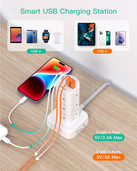 Mifaso power strip tower flat cord shows slim plug for tight spaces.
