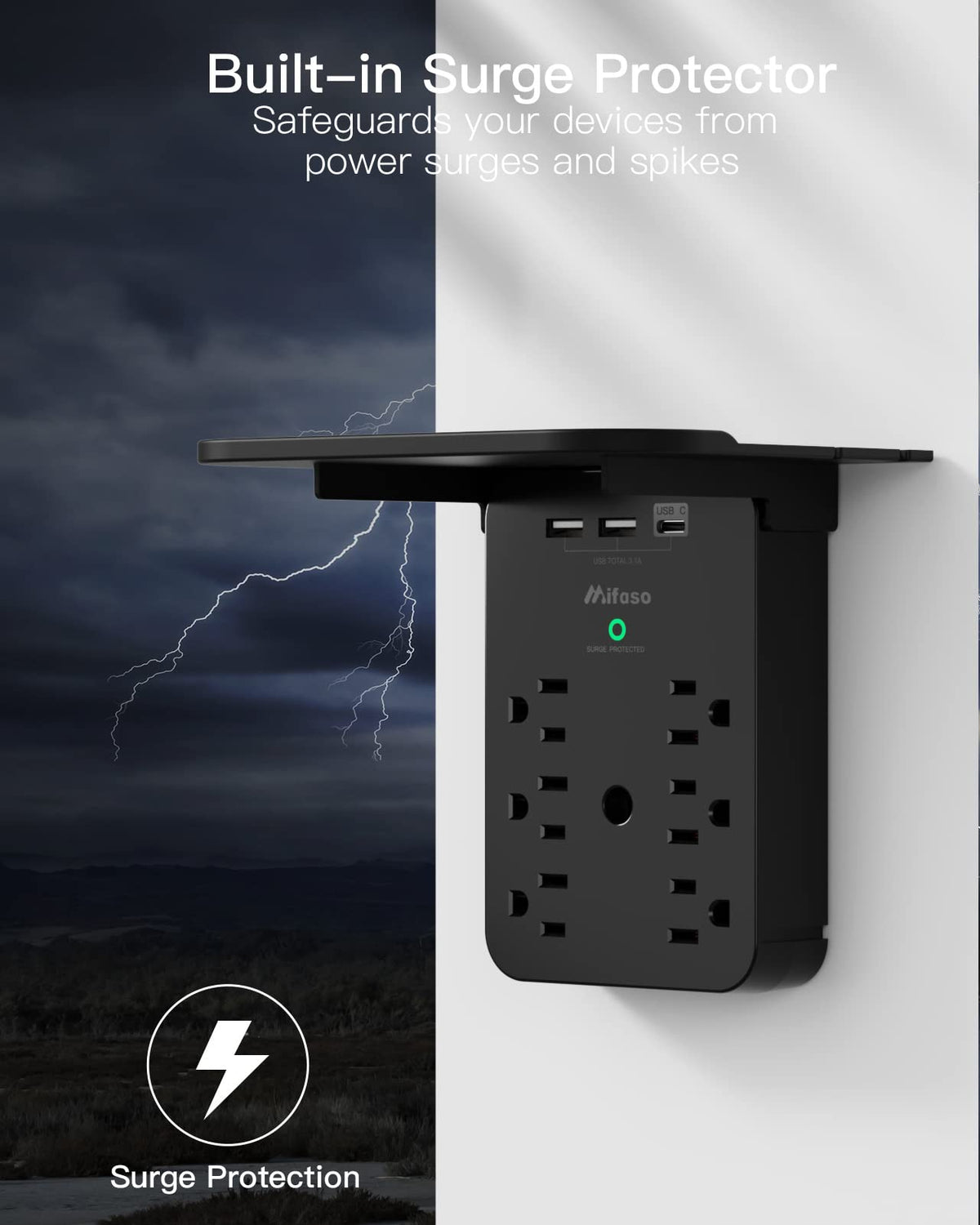 Mifaso 490 Joules surge protection shields electronics during voltage spikes