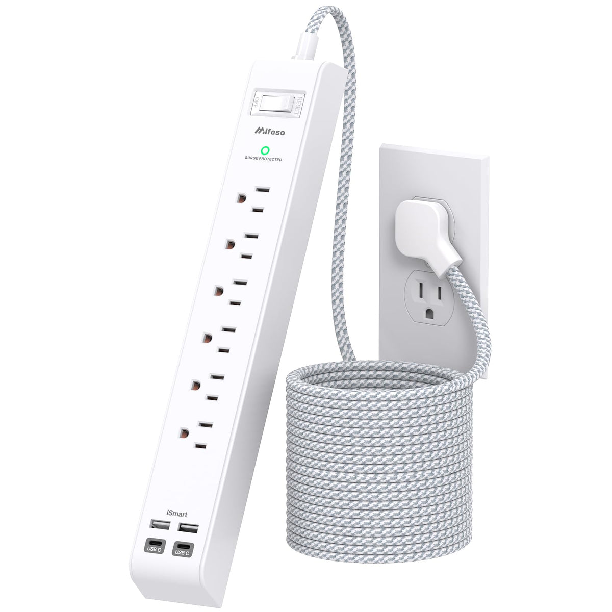 Mifaso surge protector 10-in-1 with six outlets for organized power and USB charging
