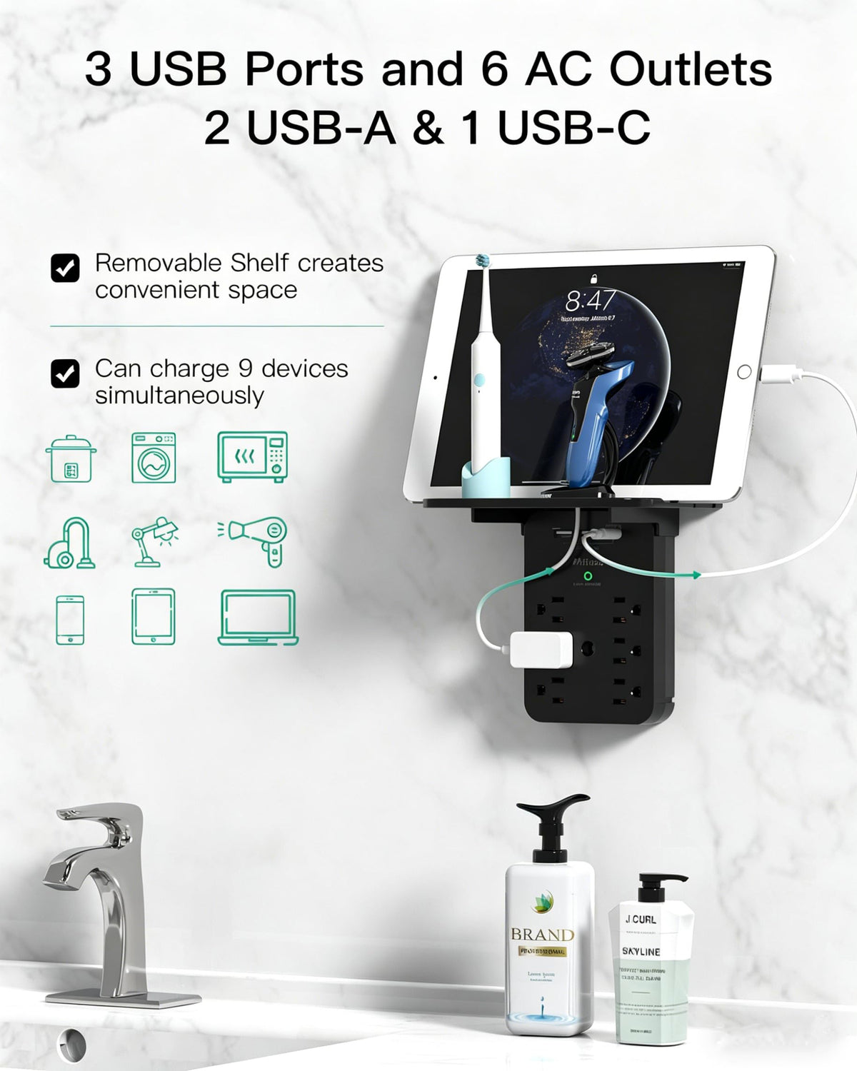 Mifaso surge-protector outlet with 6 AC outlets and USB-C for safe charging