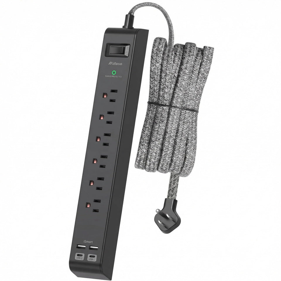 Mifaso surge protector power strip with 10ft braided cord for versatile use