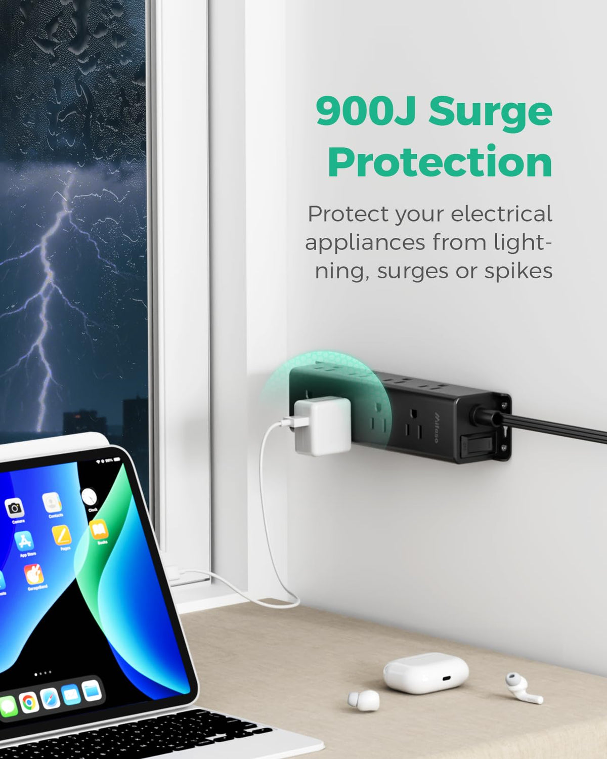 Mifaso 900 Joules surge protection guards devices against spikes.
