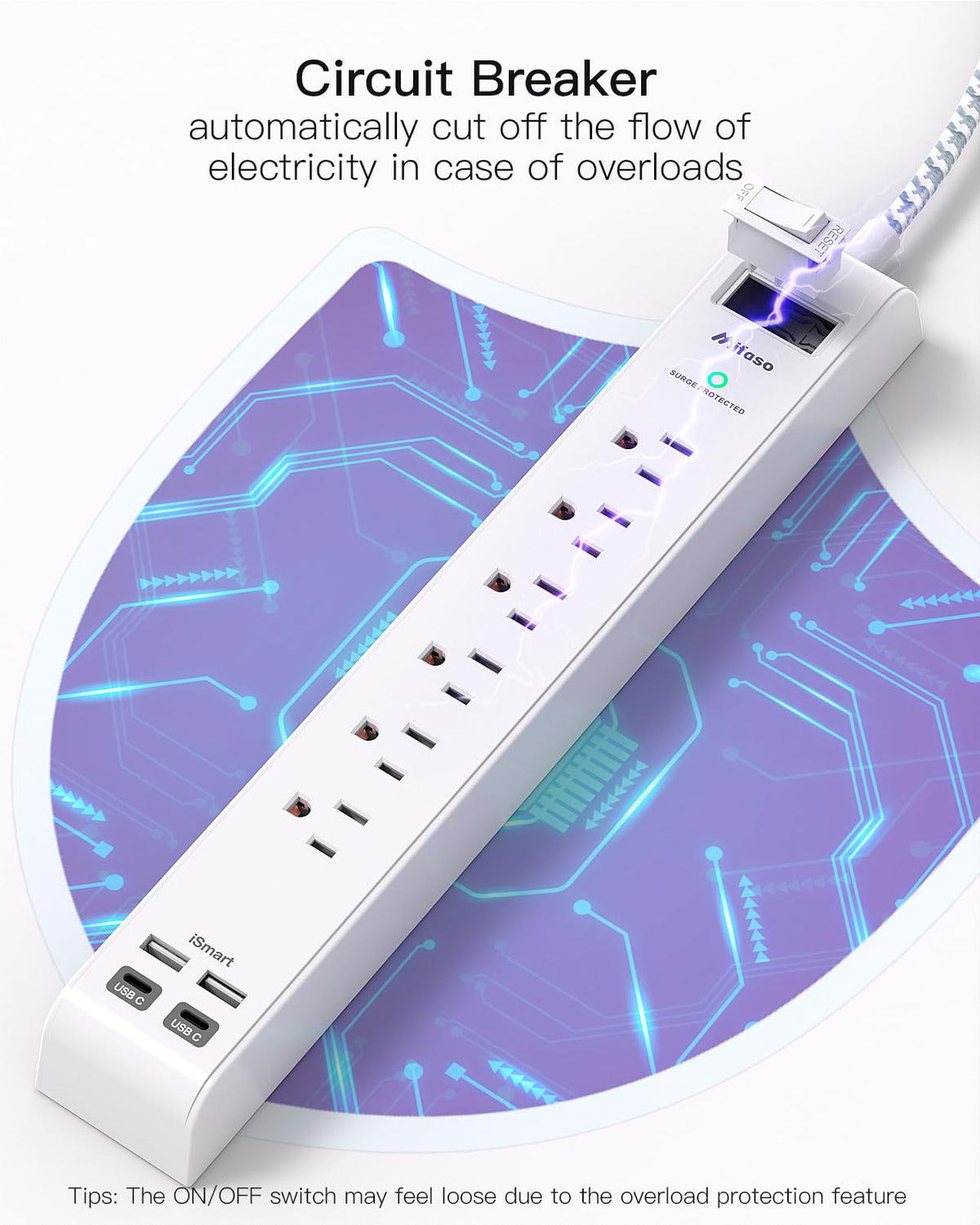 Mifaso surge protector switch and LED closeup, indicates power and safety