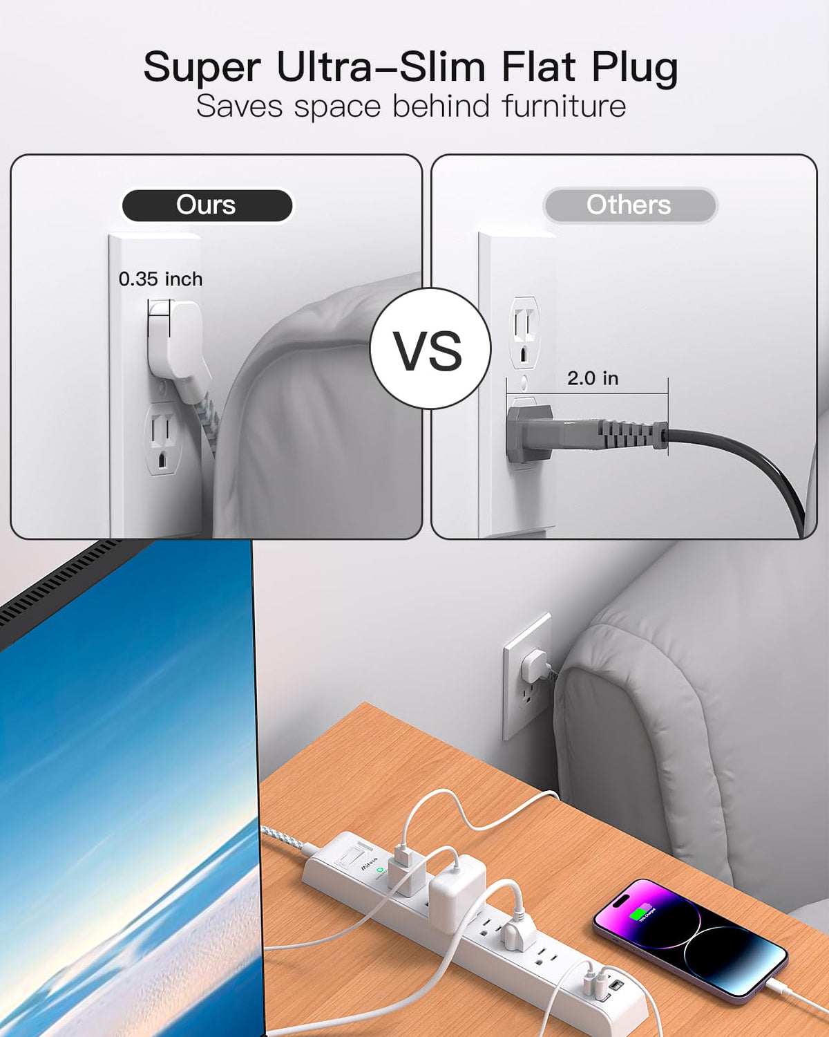 Mifaso USB ports and AC outlets detail, fast organized charging for devices
