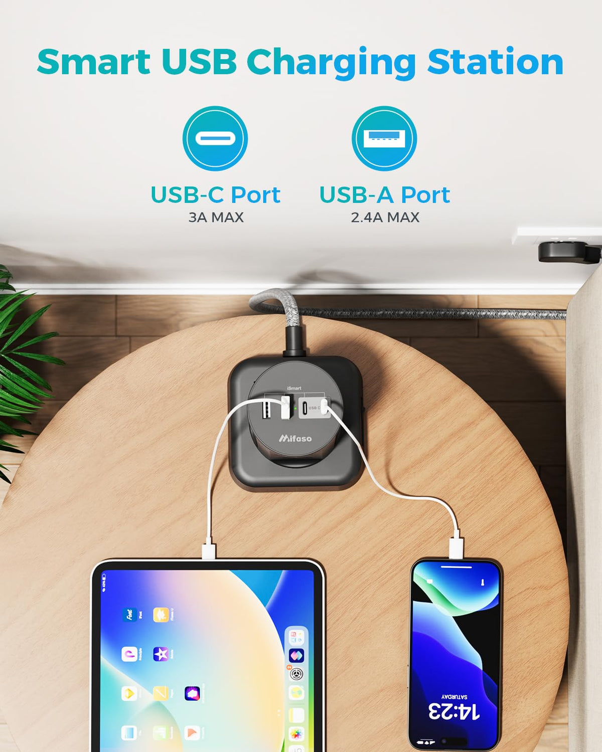 Mifaso close-up of USB-A and USB-C ports for optimized device charging
