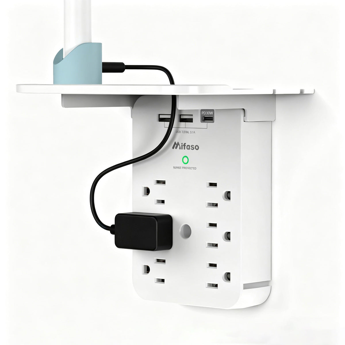 Mifaso wall outlet extender with shelf mounted, keeping devices organized while charging.