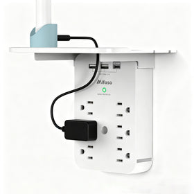 Mifaso wall outlet extender with shelf mounted, keeping devices organized while charging.