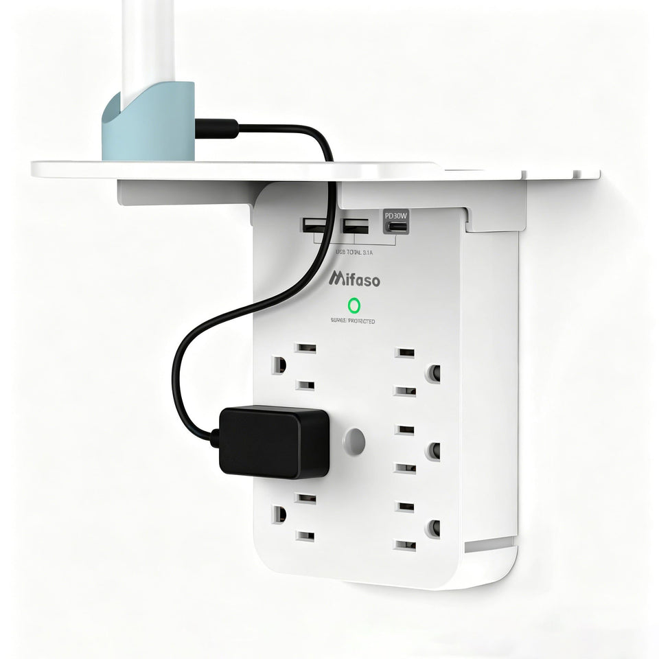 Mifaso wall outlet extender with shelf mounted, keeping devices organized while charging.