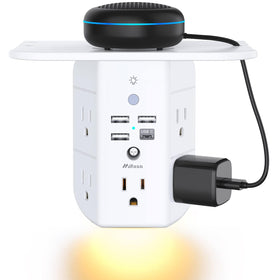 Mifaso wall outlet extender with built-in shelf and night light enhances bedside organization.