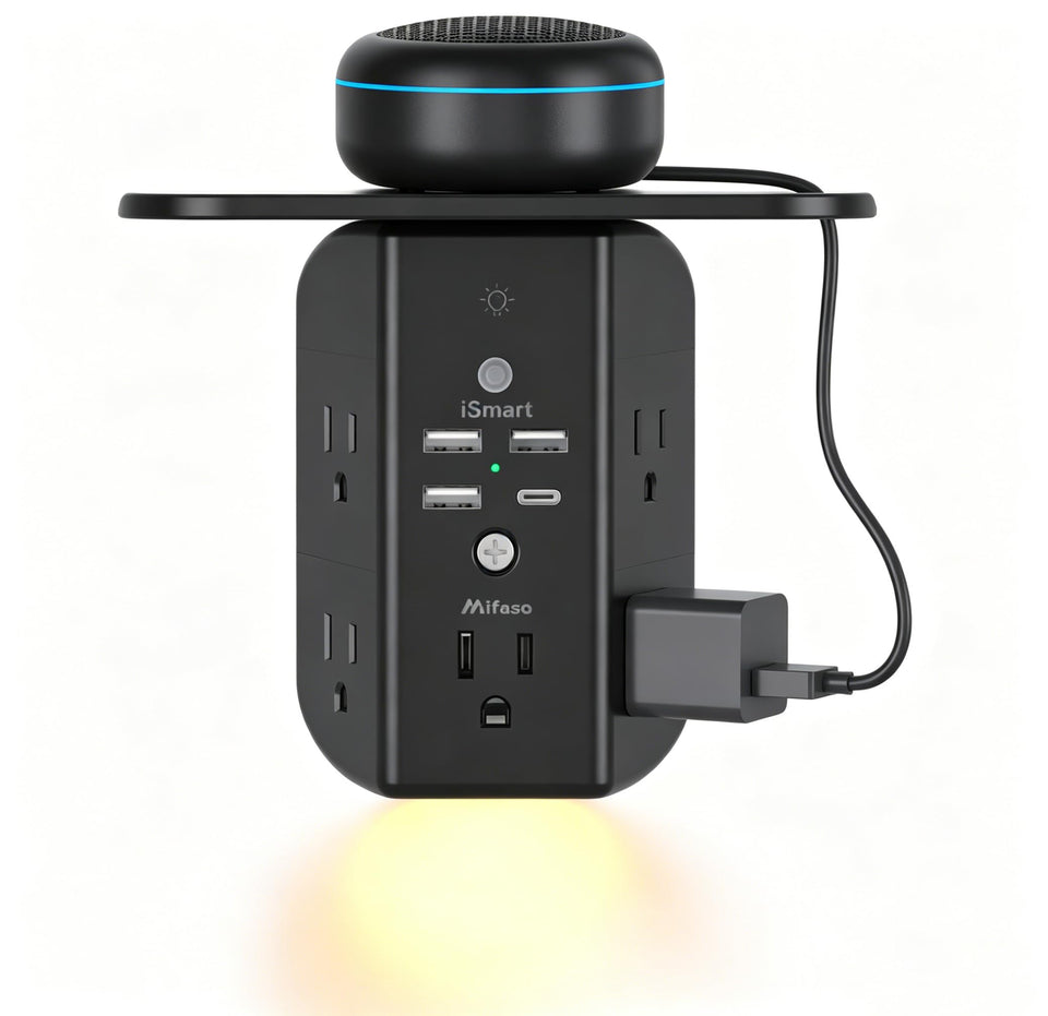 Mifaso wall outlet extender with shelf keeps devices organized on a bedside table
