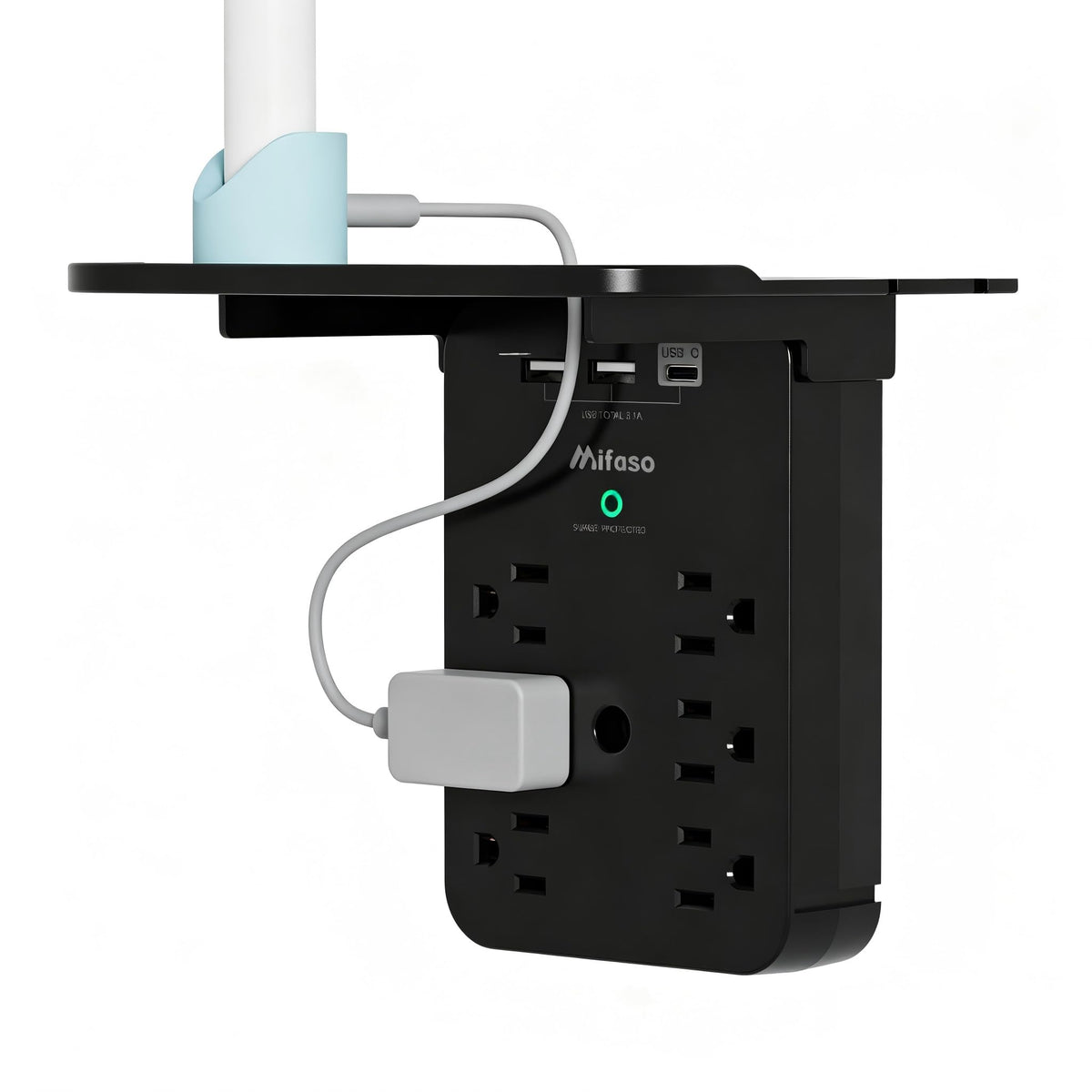 Mifaso wall outlet extender with shelf beside bed for charging multiple devices