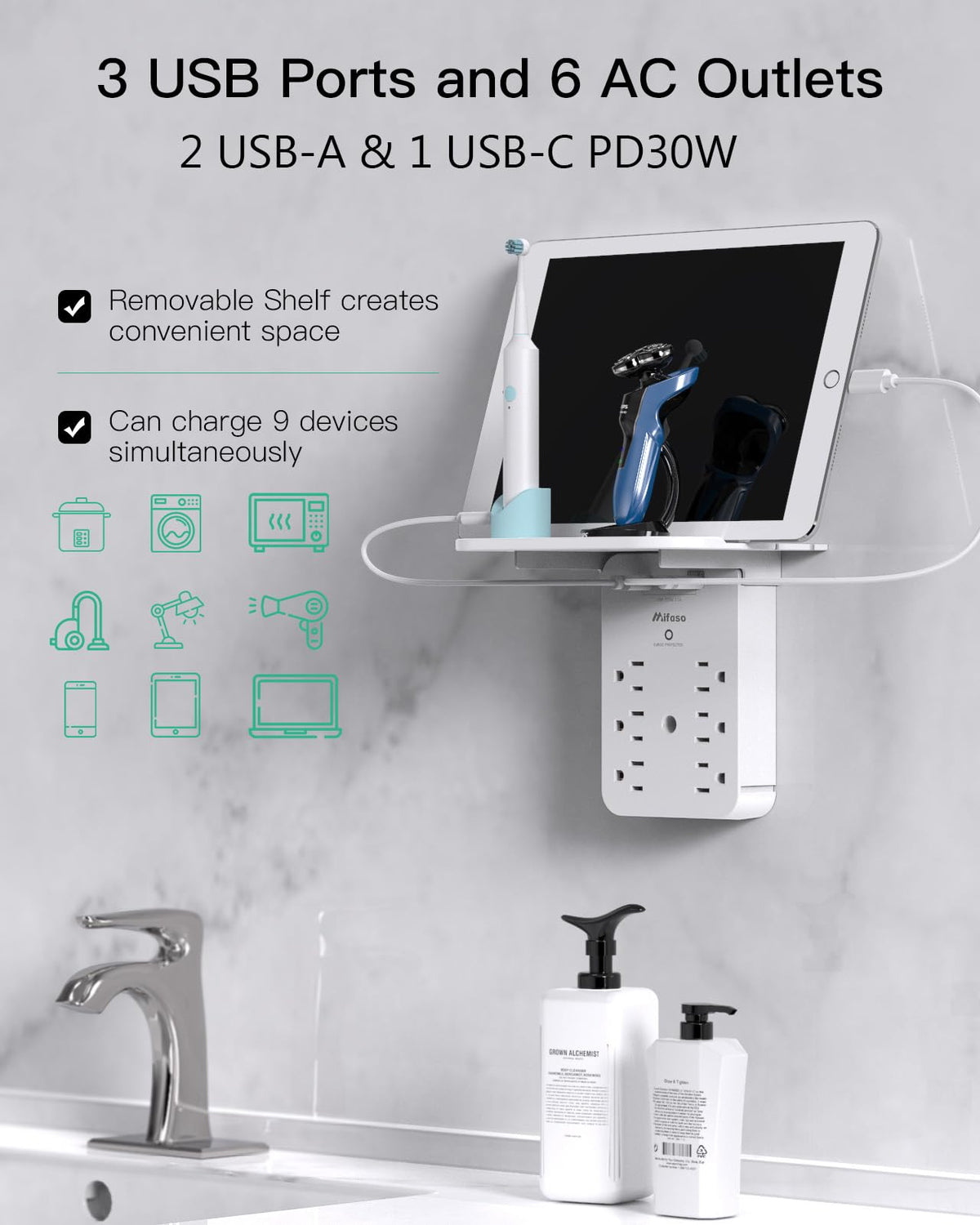 Mifaso outlet extender with surge protection guards electronics during voltage spikes.