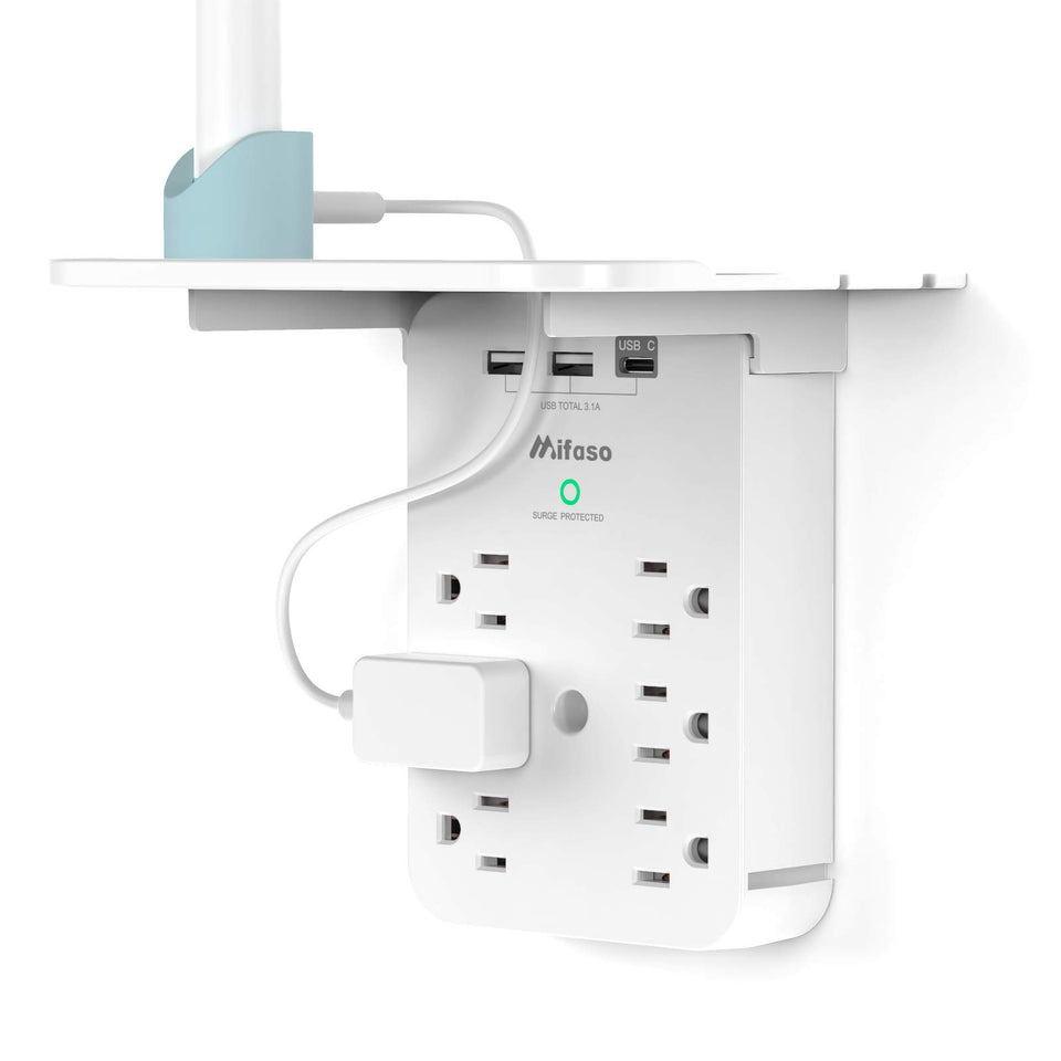 Mifaso wall outlet extender with six outlets and surge protection powering multiple devices