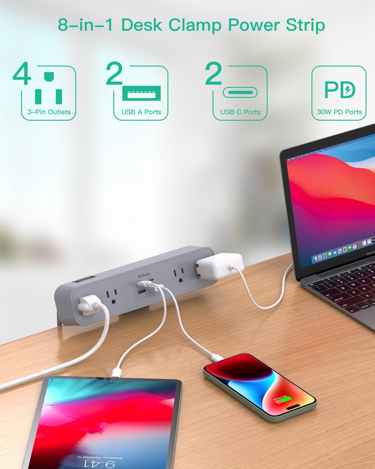 Mifaso wide-spaced outlets detail showing room for bulky adapters and plugs