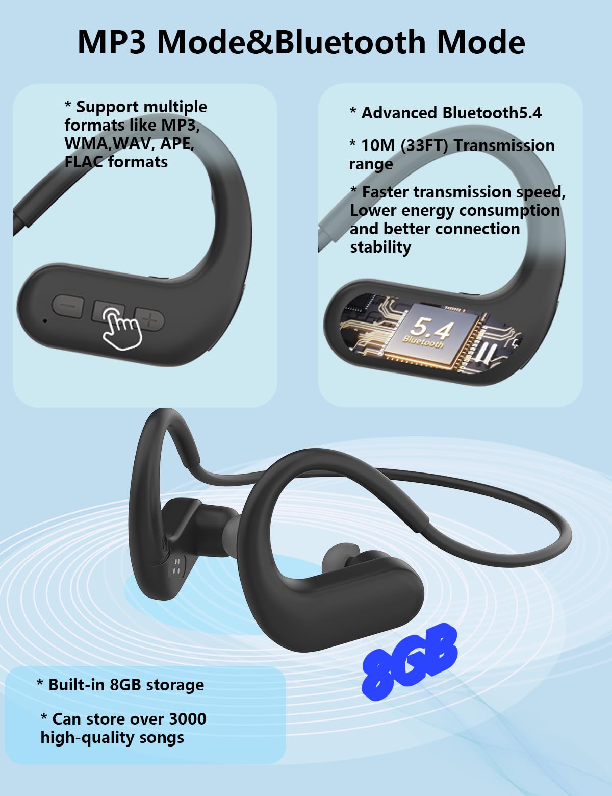 MiFE Fresh Music 8GB MP3 storage for offline playlists during swimming sessions.