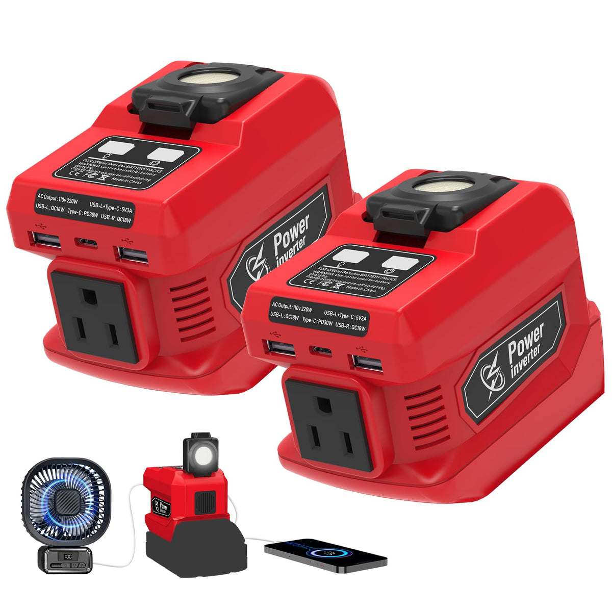 Mightrench 220W inverter connected to Milwaukee 18V battery for portable power
