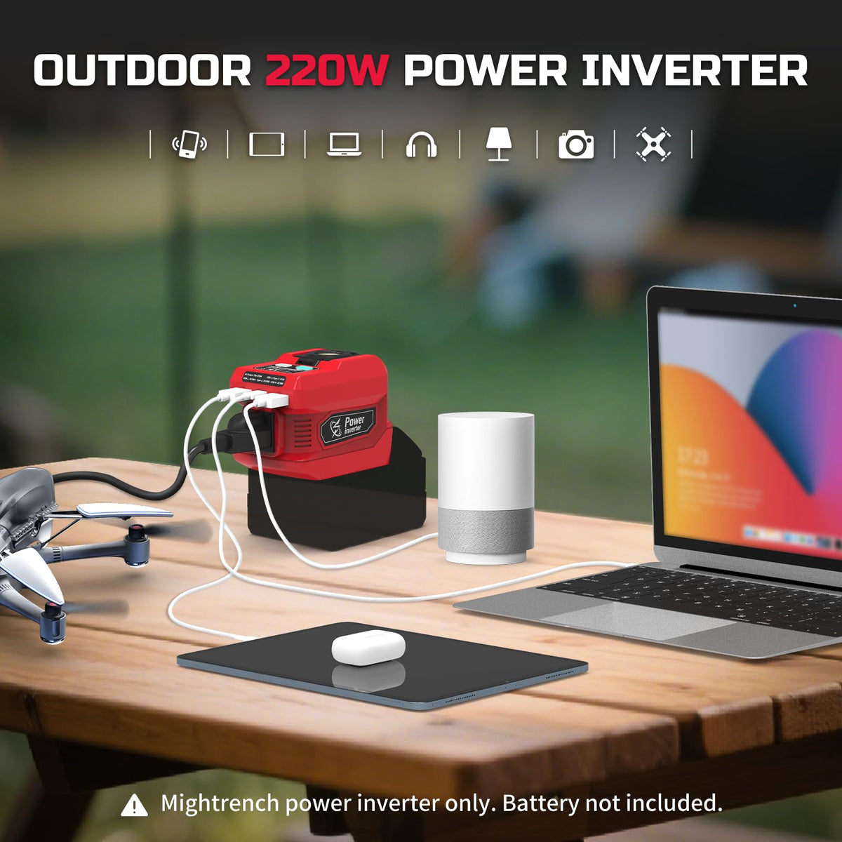 Built-in 400-lumen LED light on Mightrench inverter with adjustable brightness