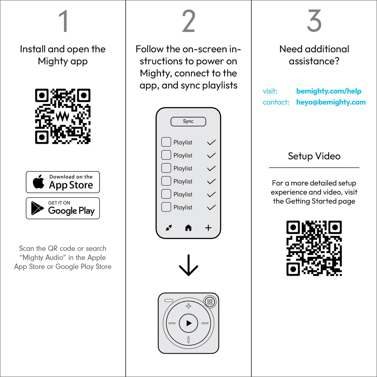 Mighty 3 free mobile app sync keeps playlists updated.