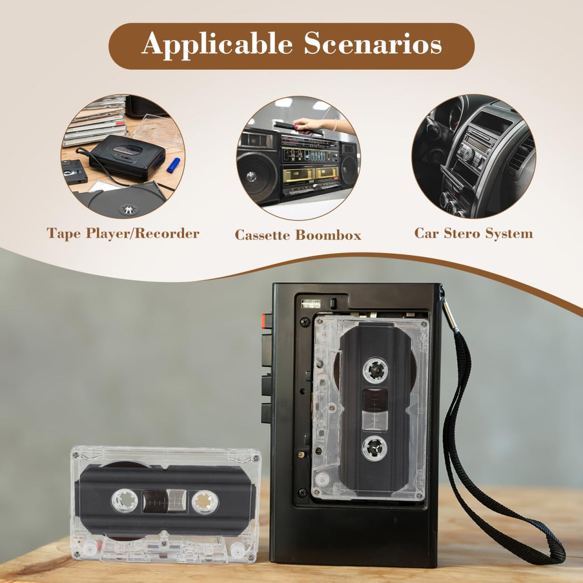 Mikikit cassette inserted in portable player demonstrating universal compatibility