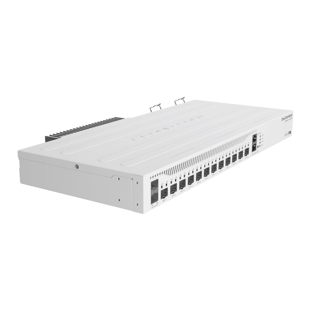 MikroTik CCR2004-1G-12S+2XS in-rack image demonstrates professional deployment.