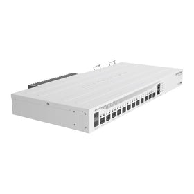 MikroTik CCR2004-1G-12S+2XS in-rack image demonstrates professional deployment.