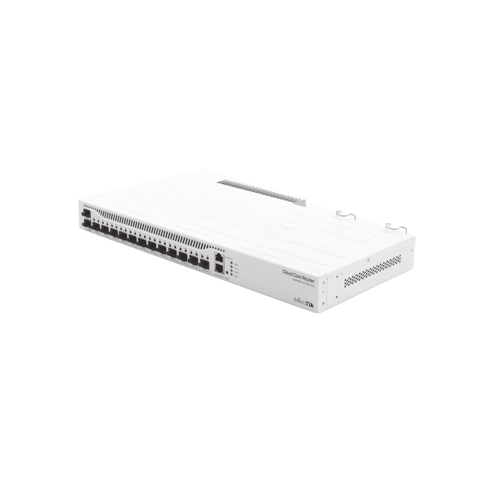 MikroTik CCR2004-1G-12S+2XS front view shows compact design for professional deployments.