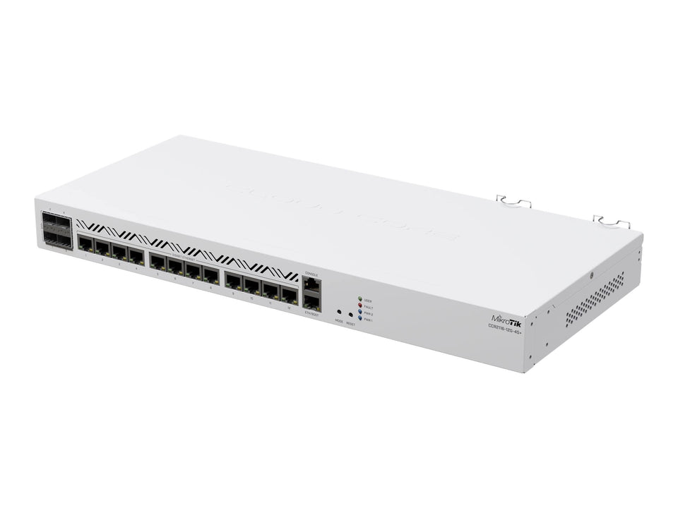 MikroTik CCR2116-12G-4S+ front view showing compact form factor for edge deployments