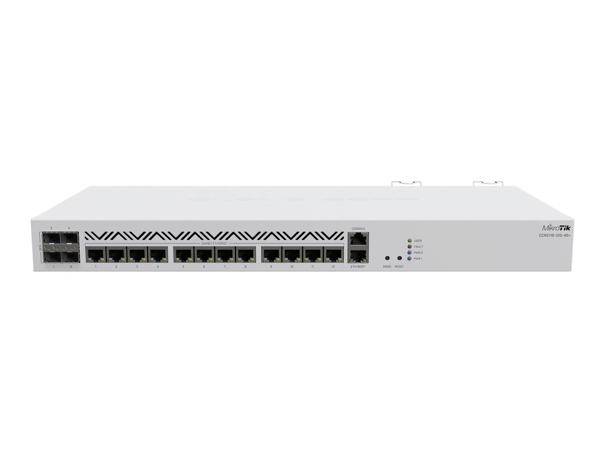 MikroTik CCR2116-12G-4S+ LED indicators close-up for quick status checks