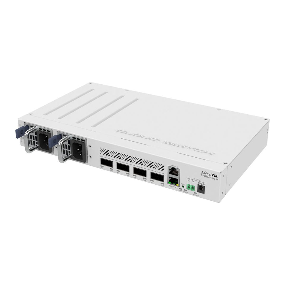 MikroTik CRS504-4XQ-IN front view, compact 100G-capable switch for small labs.