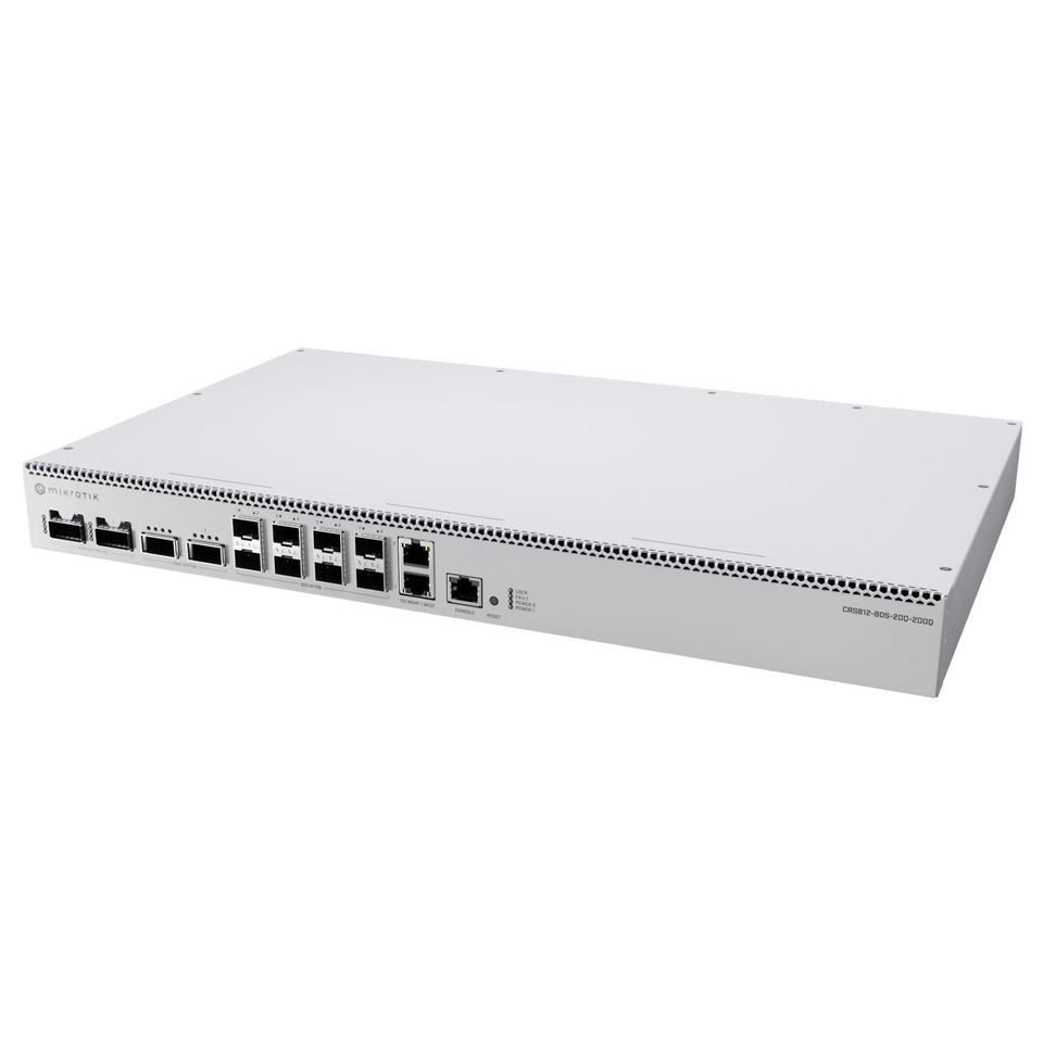 MikroTik CRS812-8DS-2DQ-2DDQ-RM front panel with 8x 25G SFP28 ports enabling high-speed uplinks.