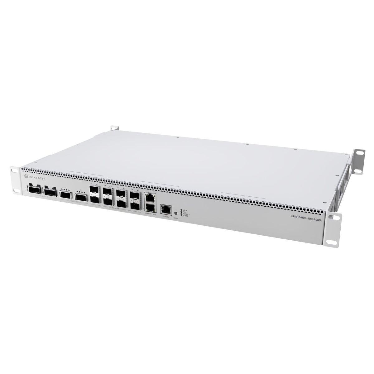 MikroTik CRS812-8DS-2DQ-2DDQ-RM rear view showing 2x 100G QSFP28 ports for flexible uplinks.