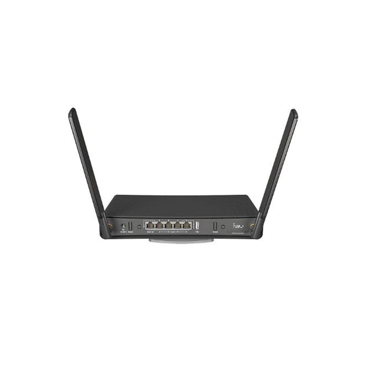 MikroTik back ports and label showing five gigabit Ethernet and PoE support