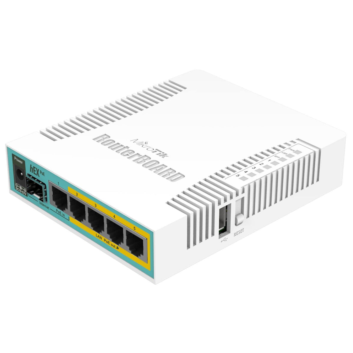 MikroTik hEX PoE RB960PGS front view with five PoE-capable Ethernet ports.
