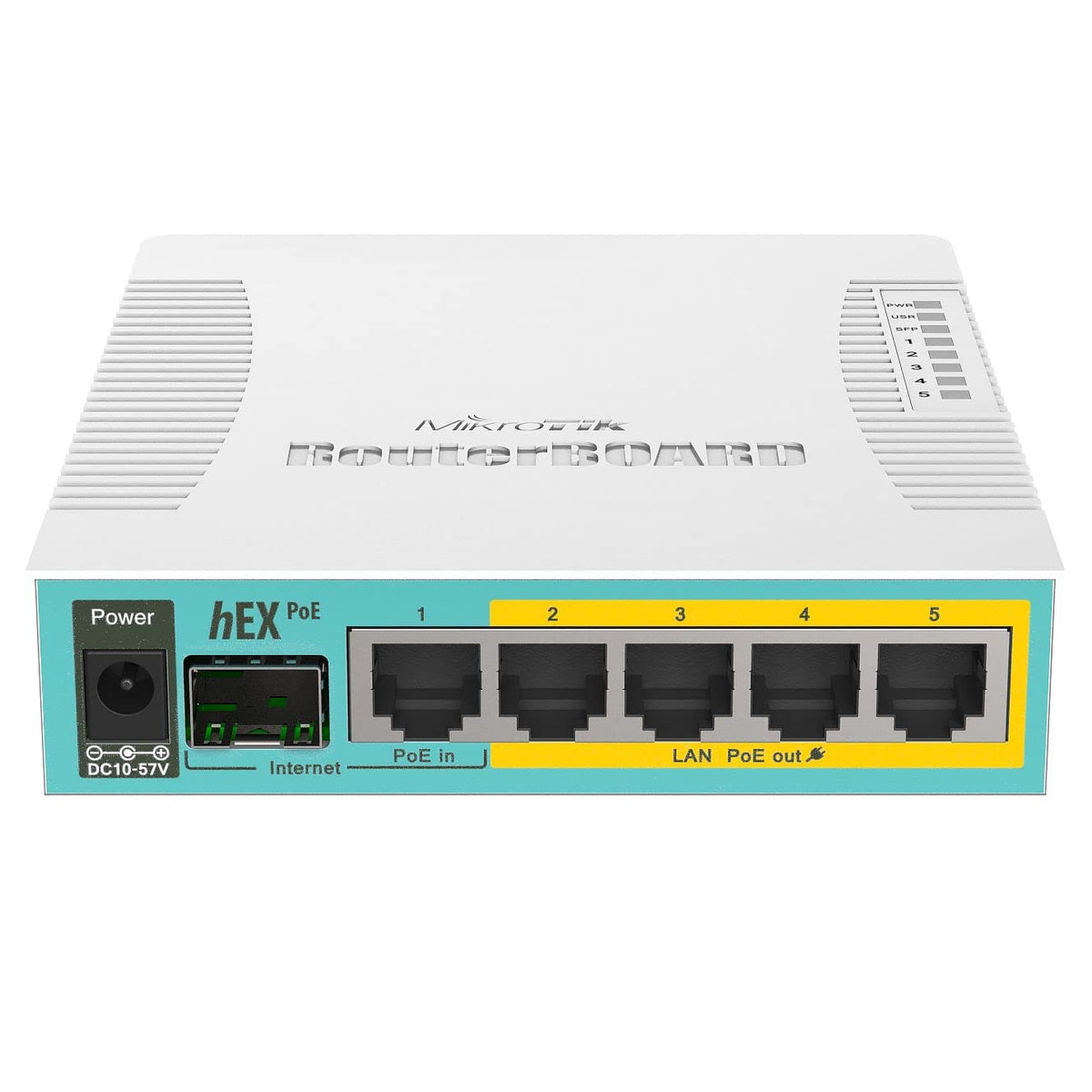 MikroTik hEX PoE RB960PGS back panel showing USB and SFP expansion options.