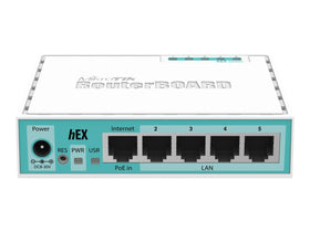 MikroTik hEX RB750Gr3 dimension label emphasizes its compact footprint