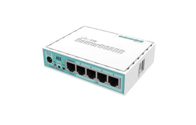 MikroTik hEX RB750Gr3 front view shows compact wired router for small spaces
