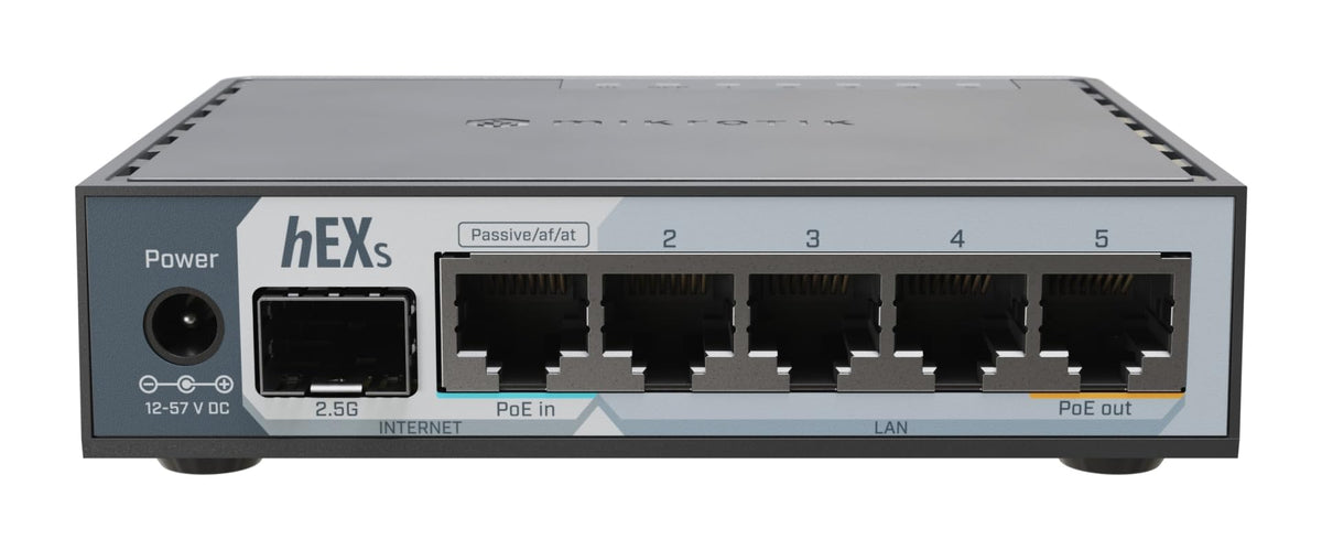 MikroTik hEX S 2025 ports and interfaces, five Gigabit ports and a 2.5G SFP for fast uplinks.