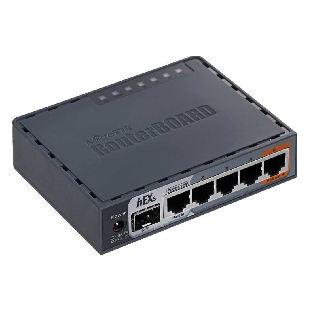 MikroTik hEX S front view showing compact desktop design and LEDs for easy placement