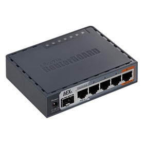 MikroTik hEX S front view showing compact desktop design and LEDs for easy placement