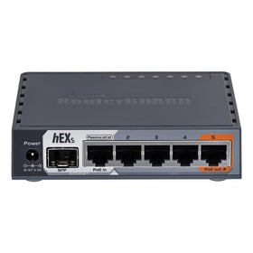 MikroTik hEX S Ethernet ports closeup showing five Gigabit ports and clear labeling benefit