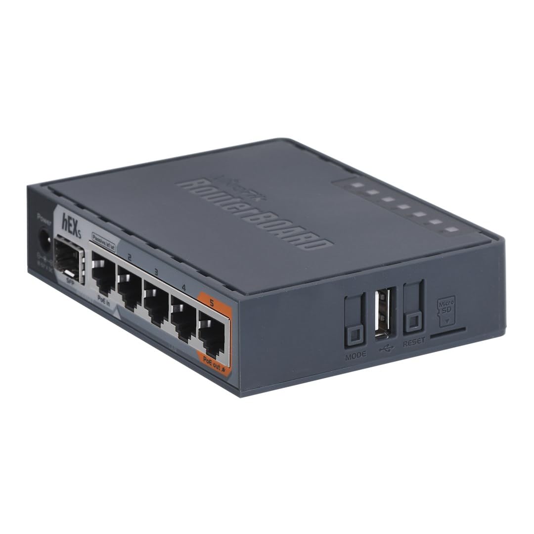 MikroTik hEX S SFP cage and PoE out port detail highlighting fiber uplink and powering convenience