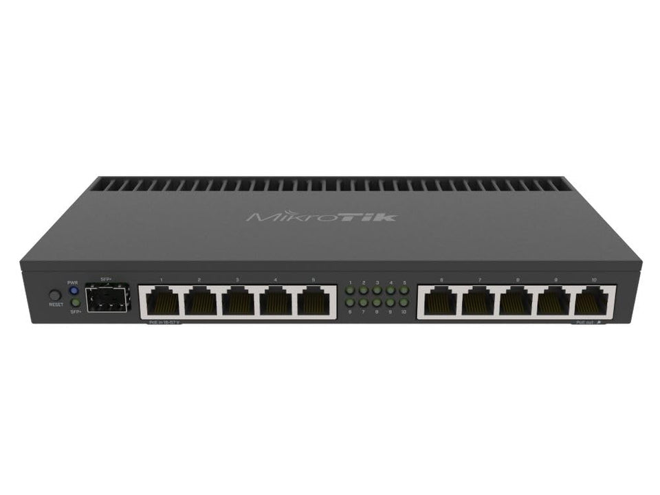 MikroTik RB4011 with ten Gigabit ports for high-speed LAN routing.