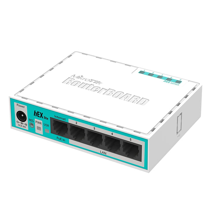 MikroTik RB750r2 front view showing ports and compact design for space-saving