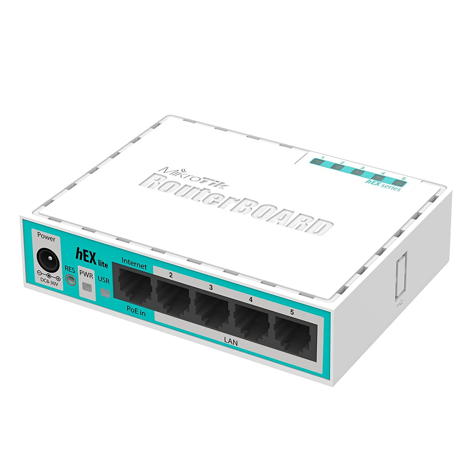 MikroTik RB750r2 front view showing ports and compact design for space-saving